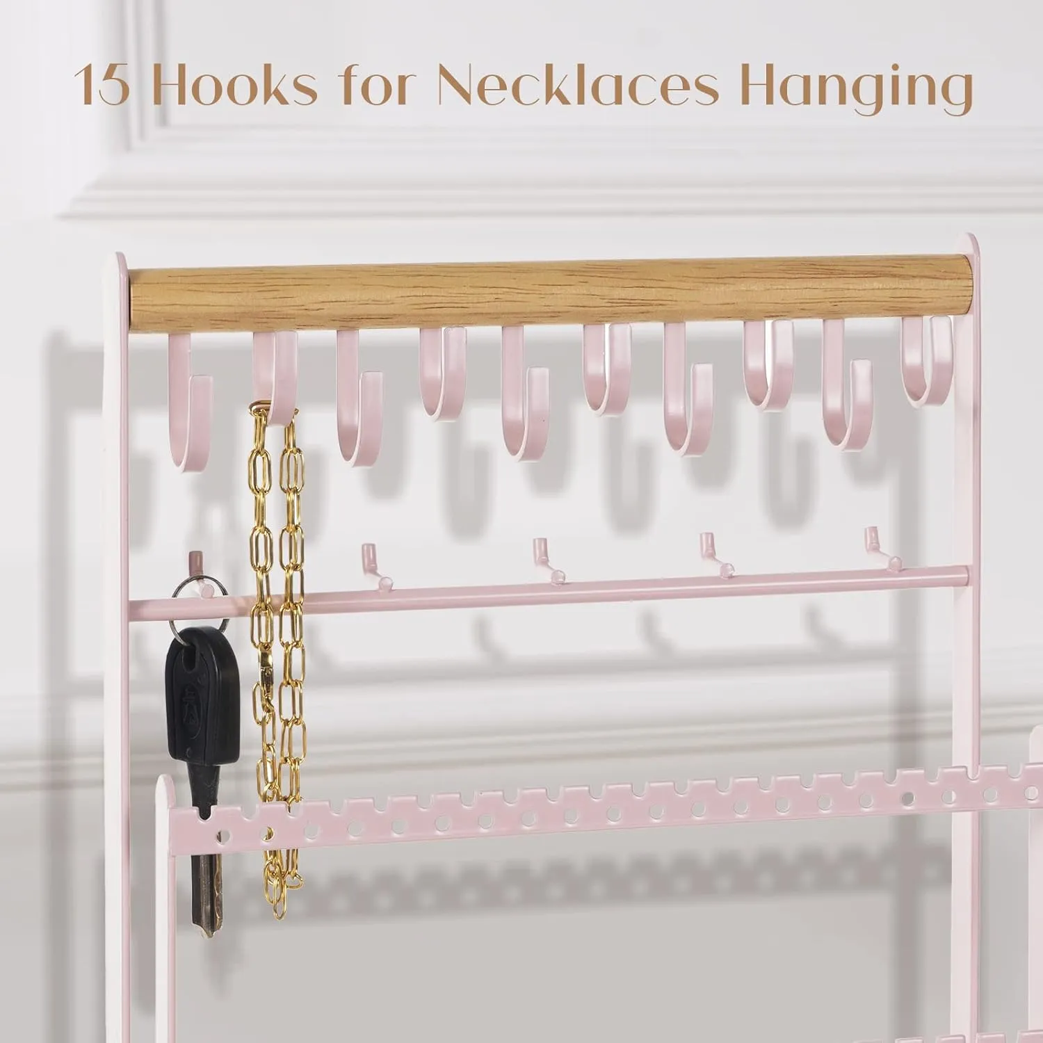 ProCase Jewelry Organizer Stand Necklace Organizer Earring Holder, 6 Tier Jewelry Stand Necklace Holder with 15 Hooks, Jewelry Tower Display Rack Storage Tree for Bracelets Earrings Rings -Pink