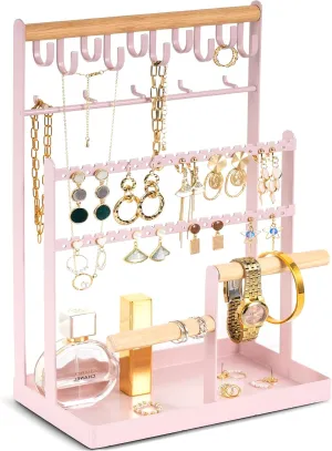 ProCase Jewelry Organizer Stand Necklace Organizer Earring Holder, 6 Tier Jewelry Stand Necklace Holder with 15 Hooks, Jewelry Tower Display Rack Storage Tree for Bracelets Earrings Rings -Pink