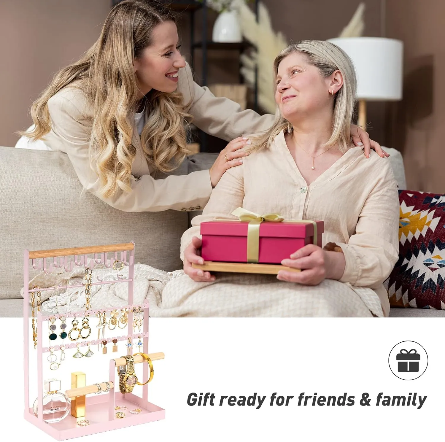ProCase Jewelry Organizer Stand Necklace Organizer Earring Holder, 6 Tier Jewelry Stand Necklace Holder with 15 Hooks, Jewelry Tower Display Rack Storage Tree for Bracelets Earrings Rings -Pink
