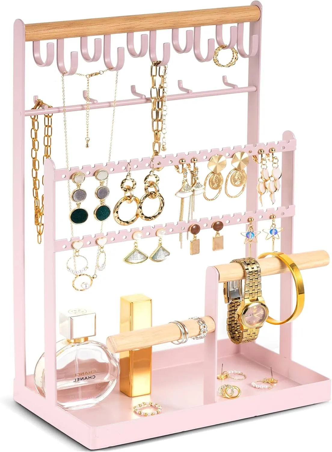 ProCase Jewelry Organizer Stand Necklace Organizer Earring Holder, 6 Tier Jewelry Stand Necklace Holder with 15 Hooks, Jewelry Tower Display Rack Storage Tree for Bracelets Earrings Rings -Pink