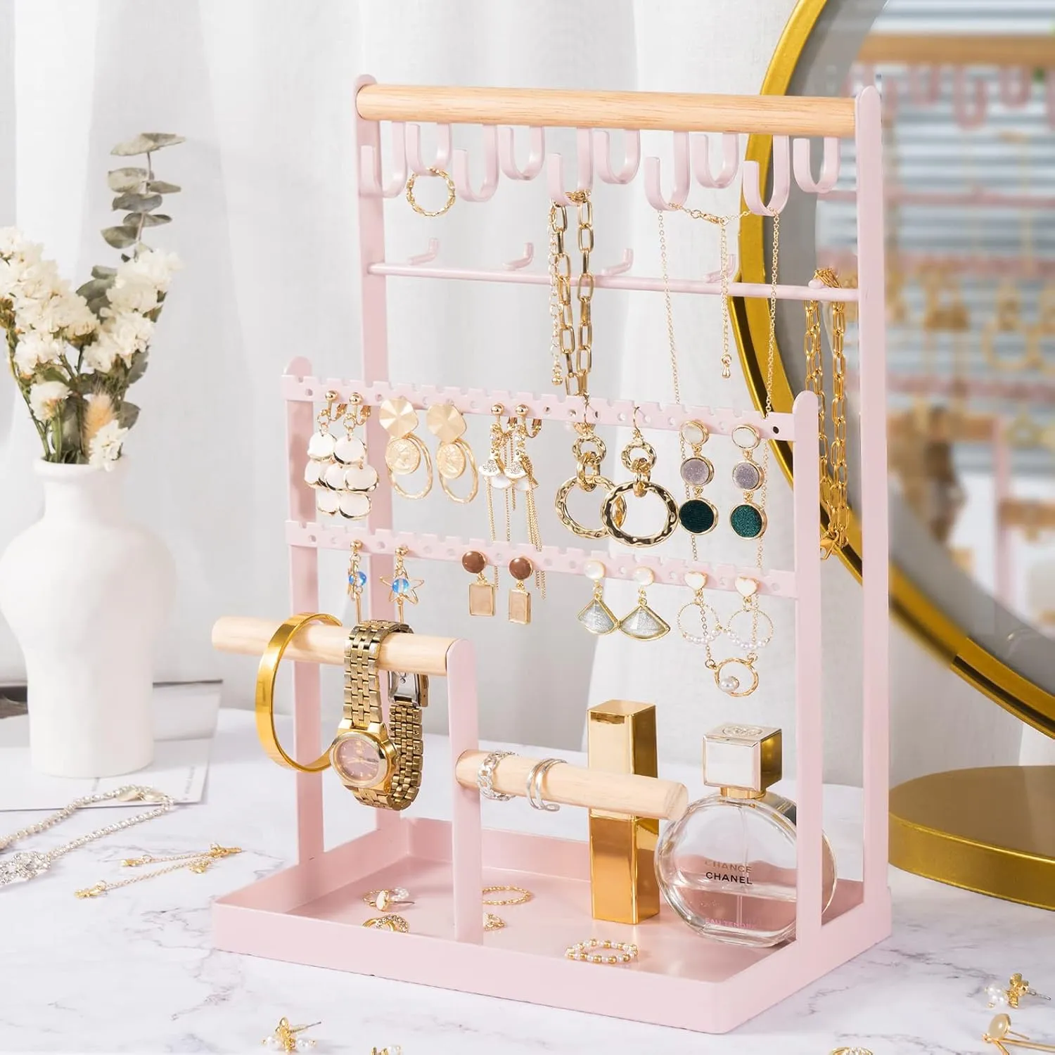 ProCase Jewelry Organizer Stand Necklace Organizer Earring Holder, 6 Tier Jewelry Stand Necklace Holder with 15 Hooks, Jewelry Tower Display Rack Storage Tree for Bracelets Earrings Rings -Pink