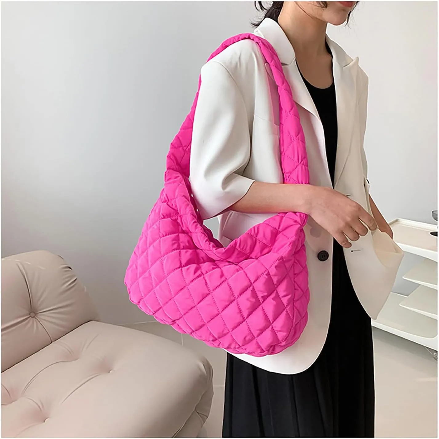 Puffer Tote Bag for Women Large Quilted Tote Bag Puffy Crossbody Shoulder Bag Lightweight Nylon Hobo Bag