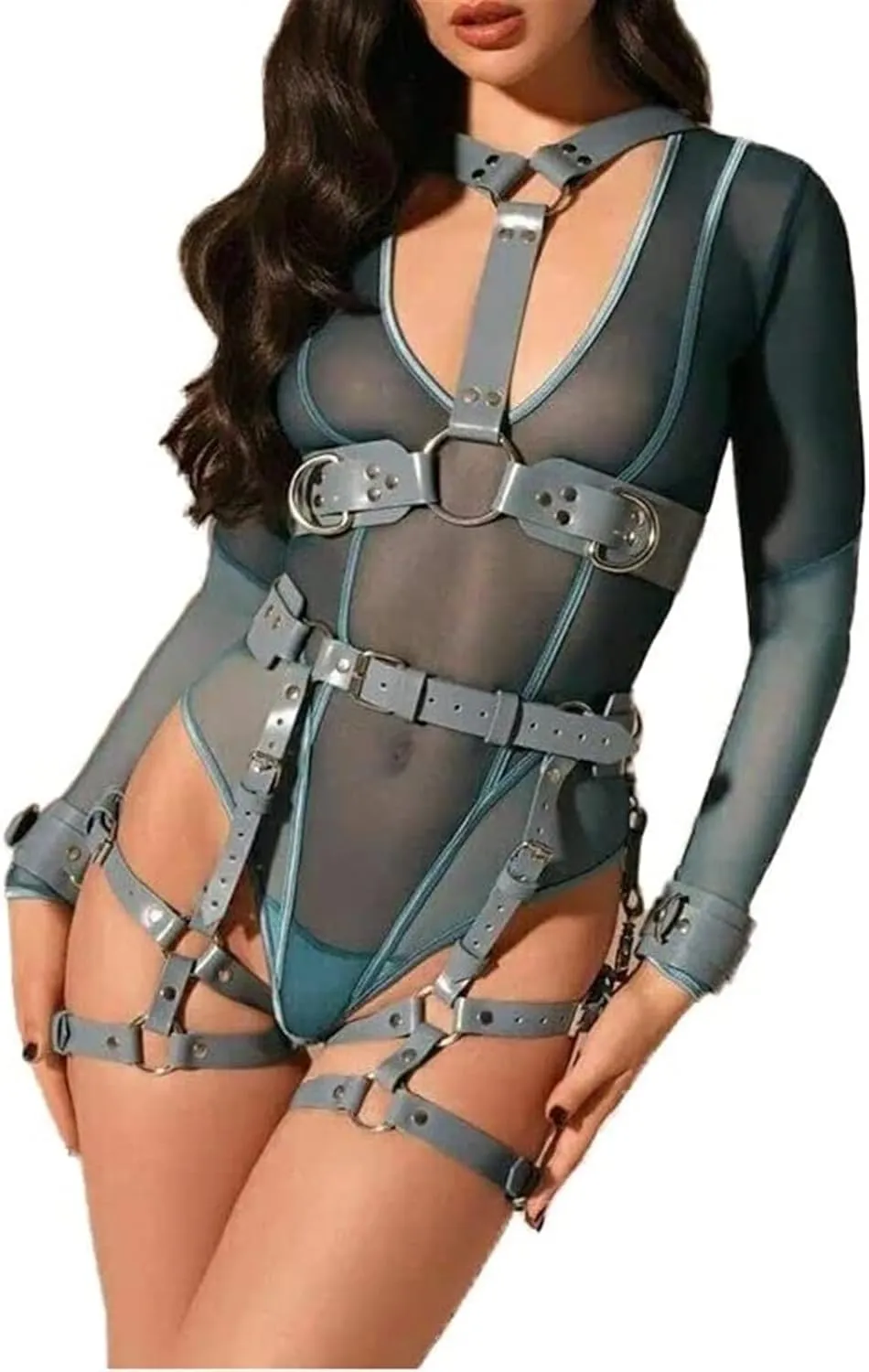 Punk Leather Body Belt Harness Sexy Chain Suspenders Lingerie Adjustable Gothic Garter Belts(Blue)