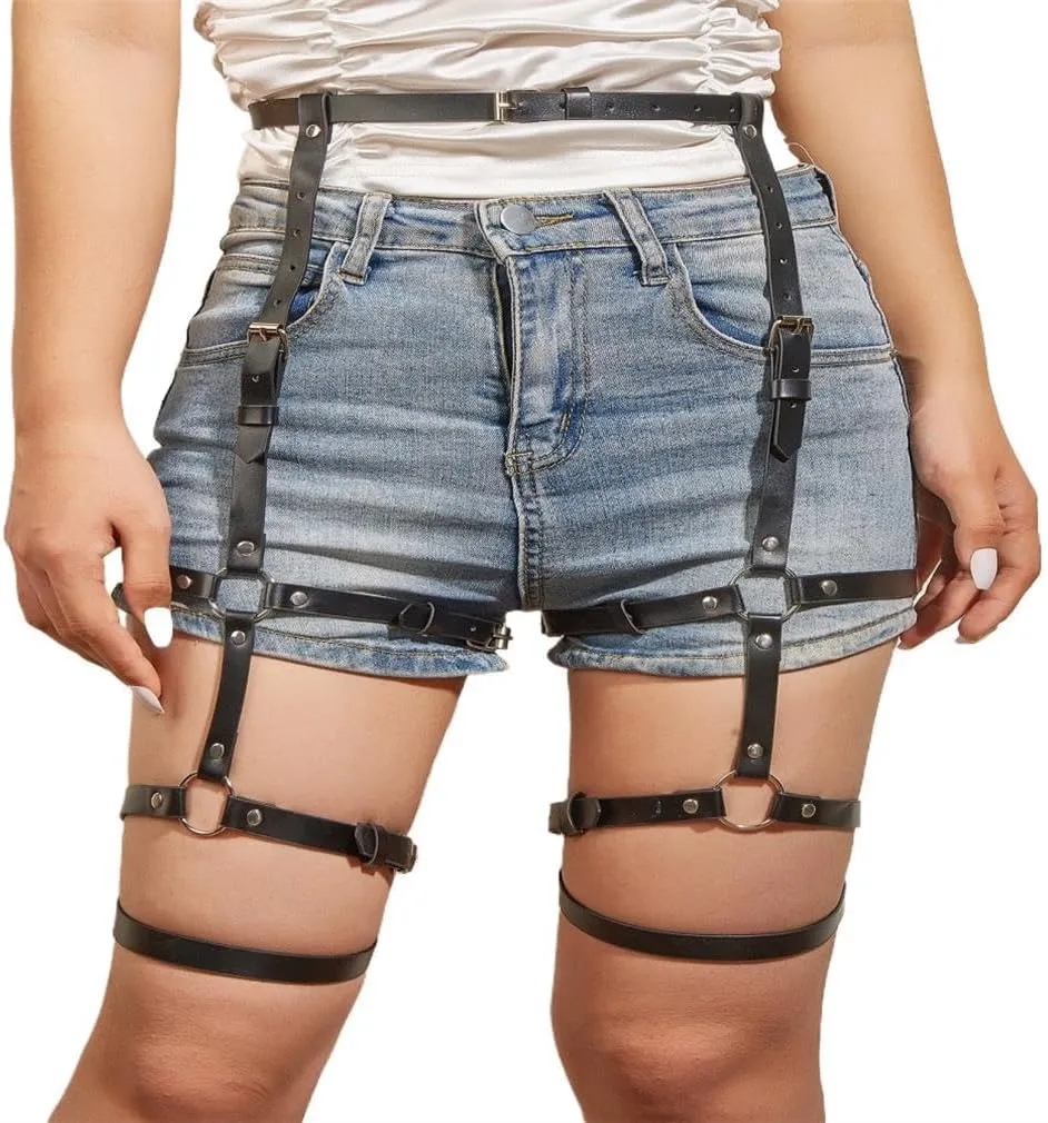 Punk Leather Thigh Straps Waist Thigh Harness,Body Leather Chains PU Belt Leather Suspenders Nightclub Body Chain