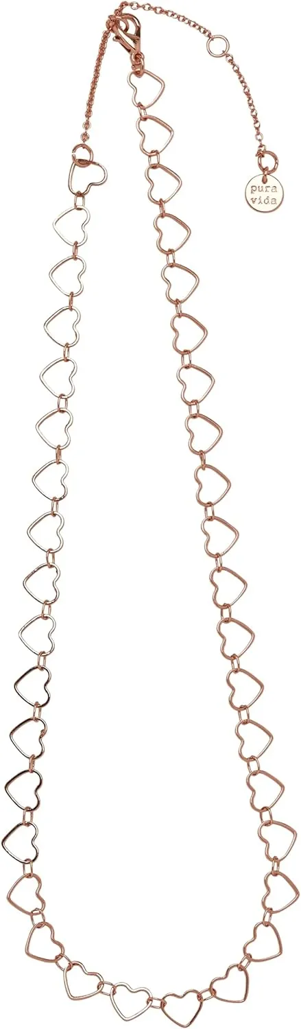 Pura Vida 14" Rose Gold or Silver Plated Heart Charm Choker Necklace - Adjustable Chain, Brass Base - 3" Extender