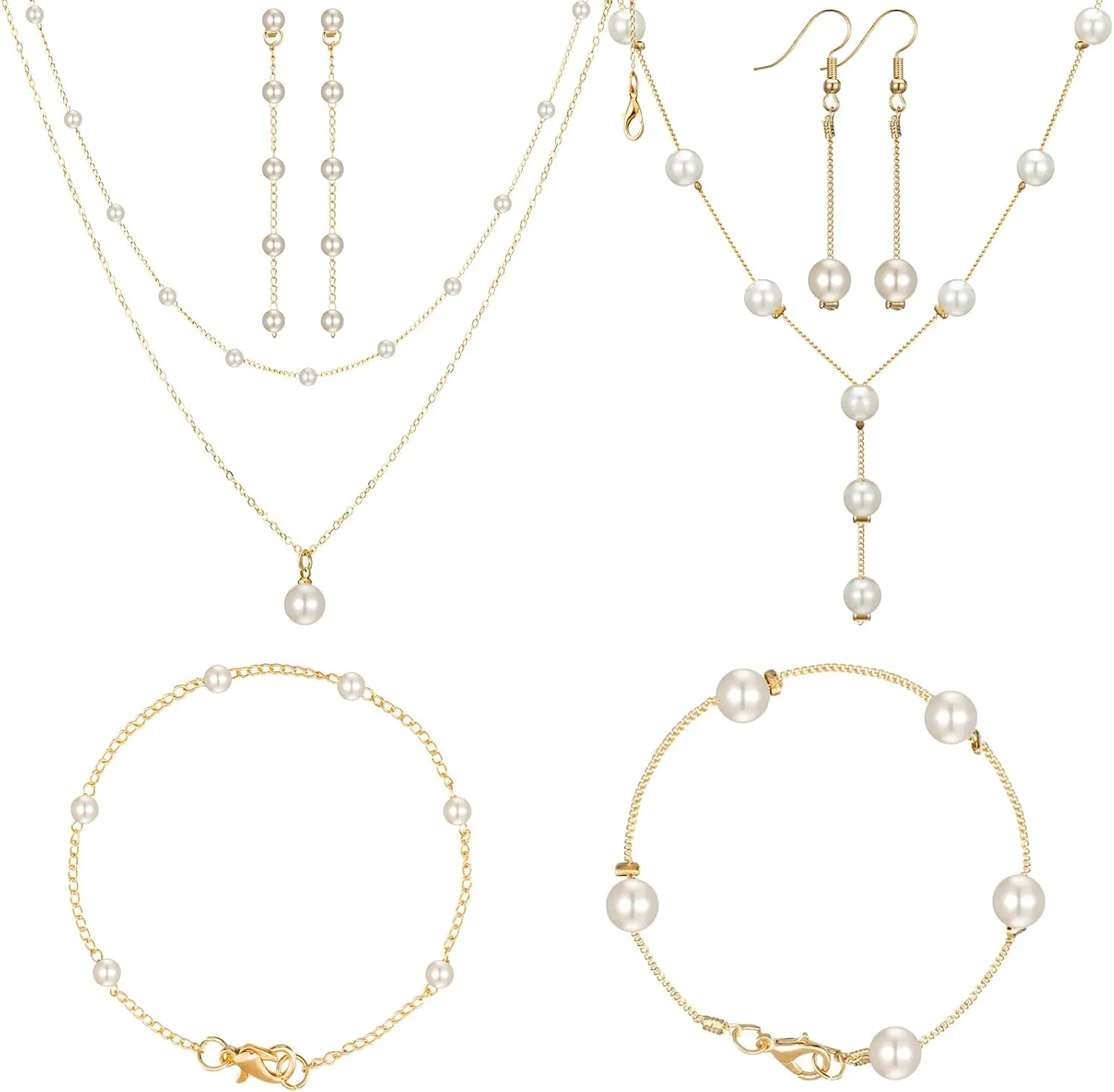 Quelay 9 Pcs Gold Pearl Jewelry Set for Women Includes Gold Plated Pearl Necklace, Drop Earrings, Bracelet for Wedding Bride Jewelry Gift
