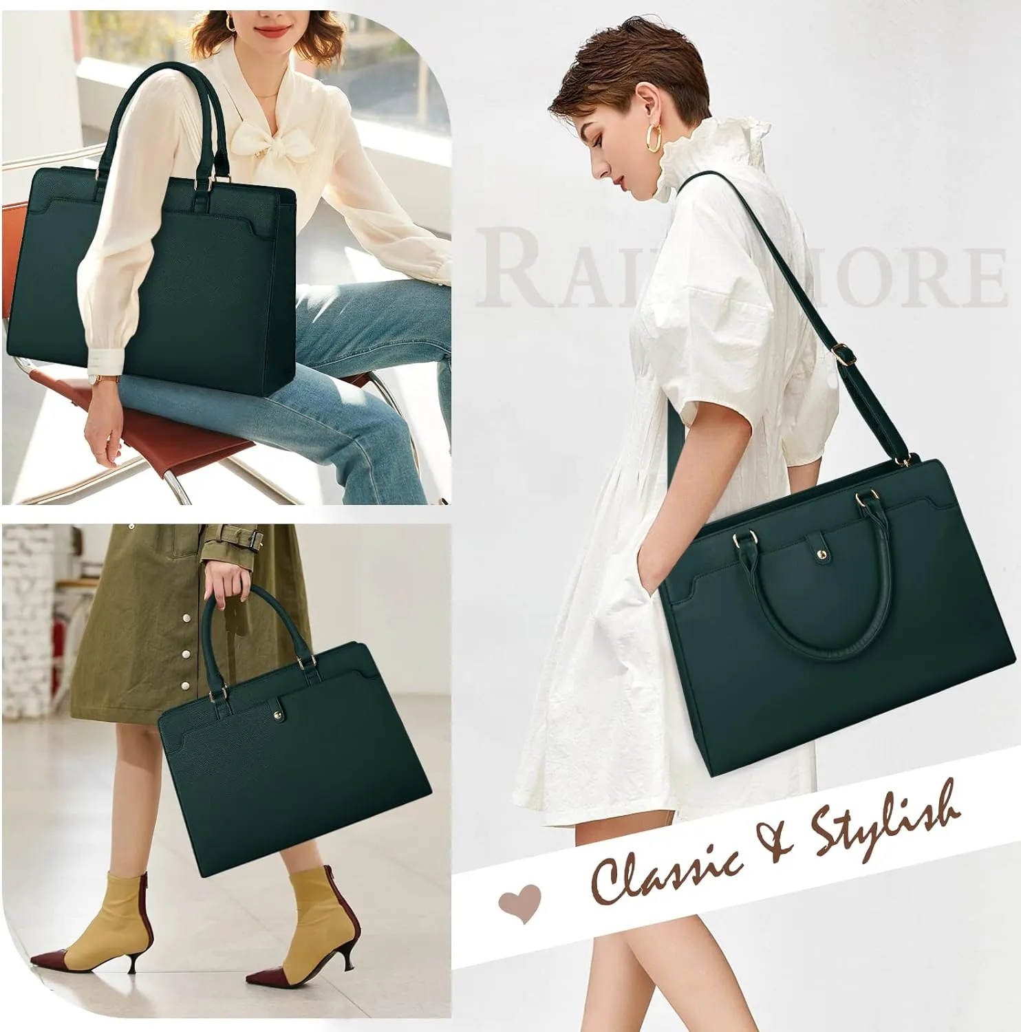 RAINSMORE Laptop Bag for Women 15.6 Inch Laptop Tote Bag Leather Work Bag Waterproof Womens Briefcase Business Office Computer Tote Bag Large Capacity Handbag Shoulder Bag Green
