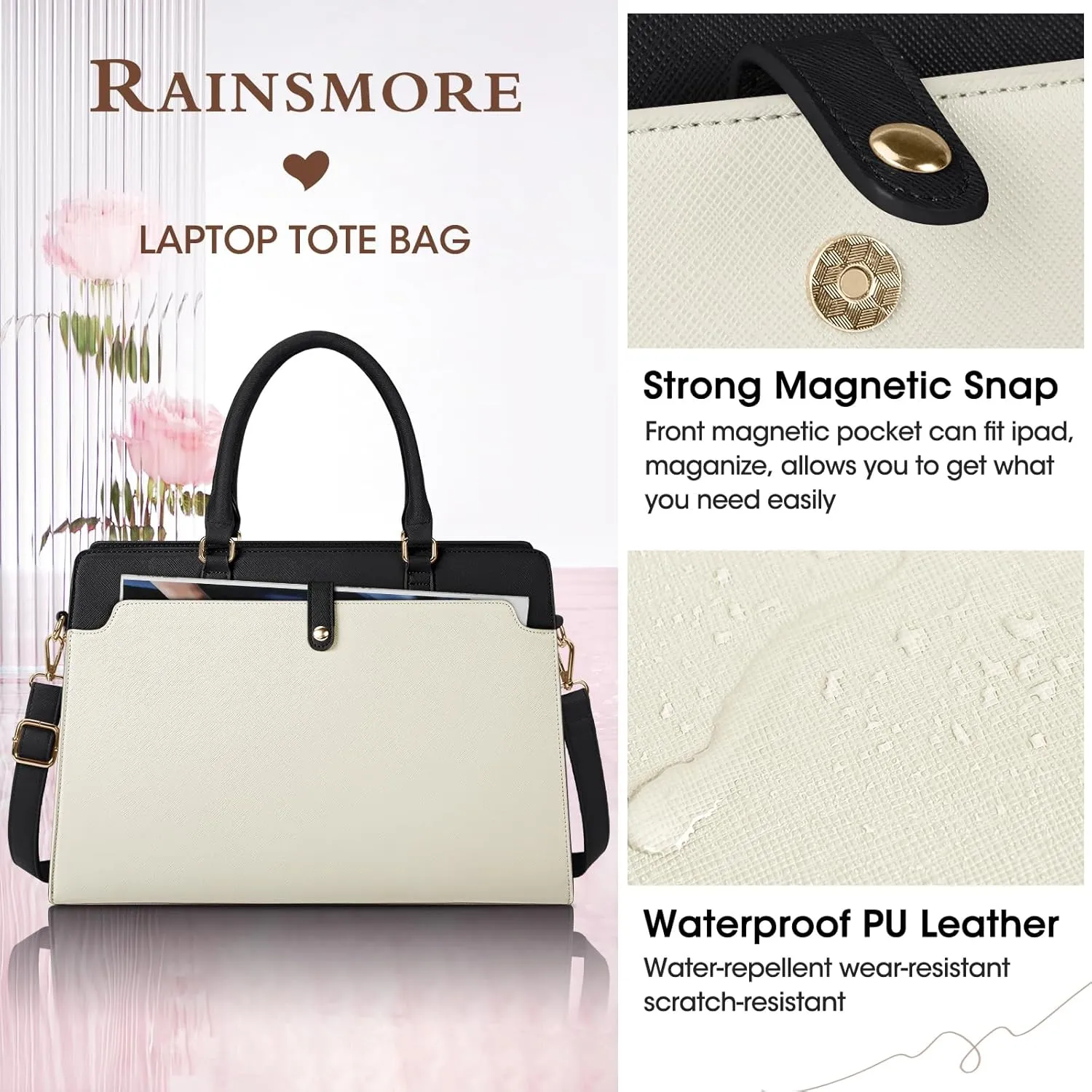 RAINSMORE Laptop Bag for Women 15.6 Inch Laptop Tote Bag Leather Work Bag Waterproof Womens Briefcase Business Office Computer Tote Large Capacity Handbag, Beige and Black