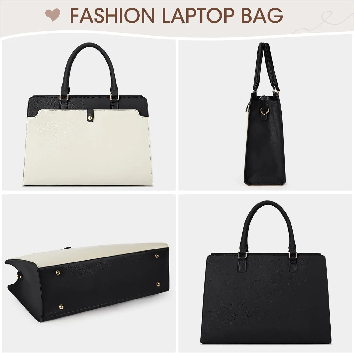 RAINSMORE Laptop Bag for Women 15.6 Inch Laptop Tote Bag Leather Work Bag Waterproof Womens Briefcase Business Office Computer Tote Large Capacity Handbag, Beige and Black