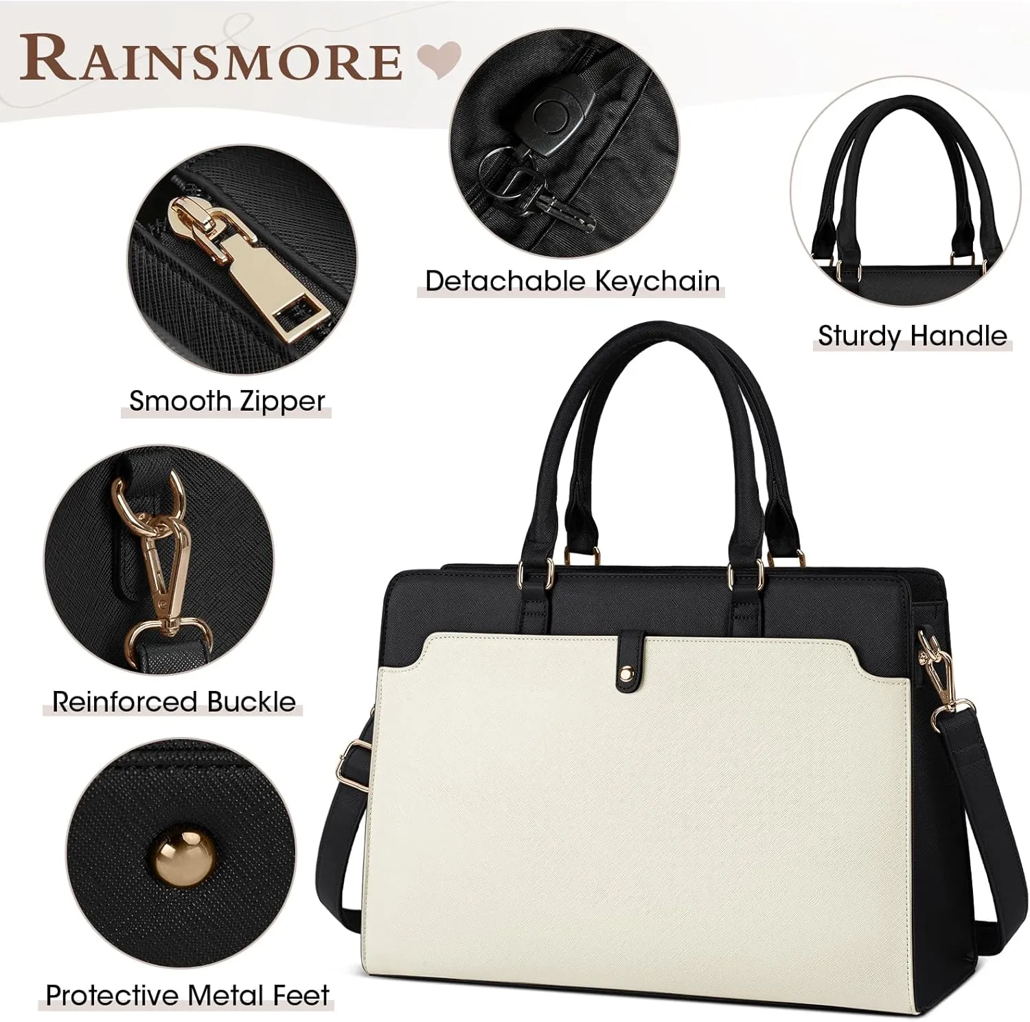 RAINSMORE Laptop Bag for Women 15.6 Inch Laptop Tote Bag Leather Work Bag Waterproof Womens Briefcase Business Office Computer Tote Large Capacity Handbag, Beige and Black
