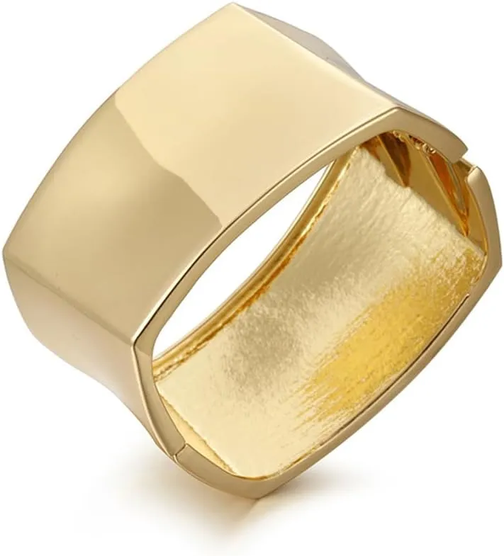 Rectangle Wide Trendy Chunky Bangle Bracelets for Women Dainty Minimalist 14K Yellow Gold Plated Cuff Wrist Open Bangles Statement High Polished Unique Exaggerate Jewelry Gift
