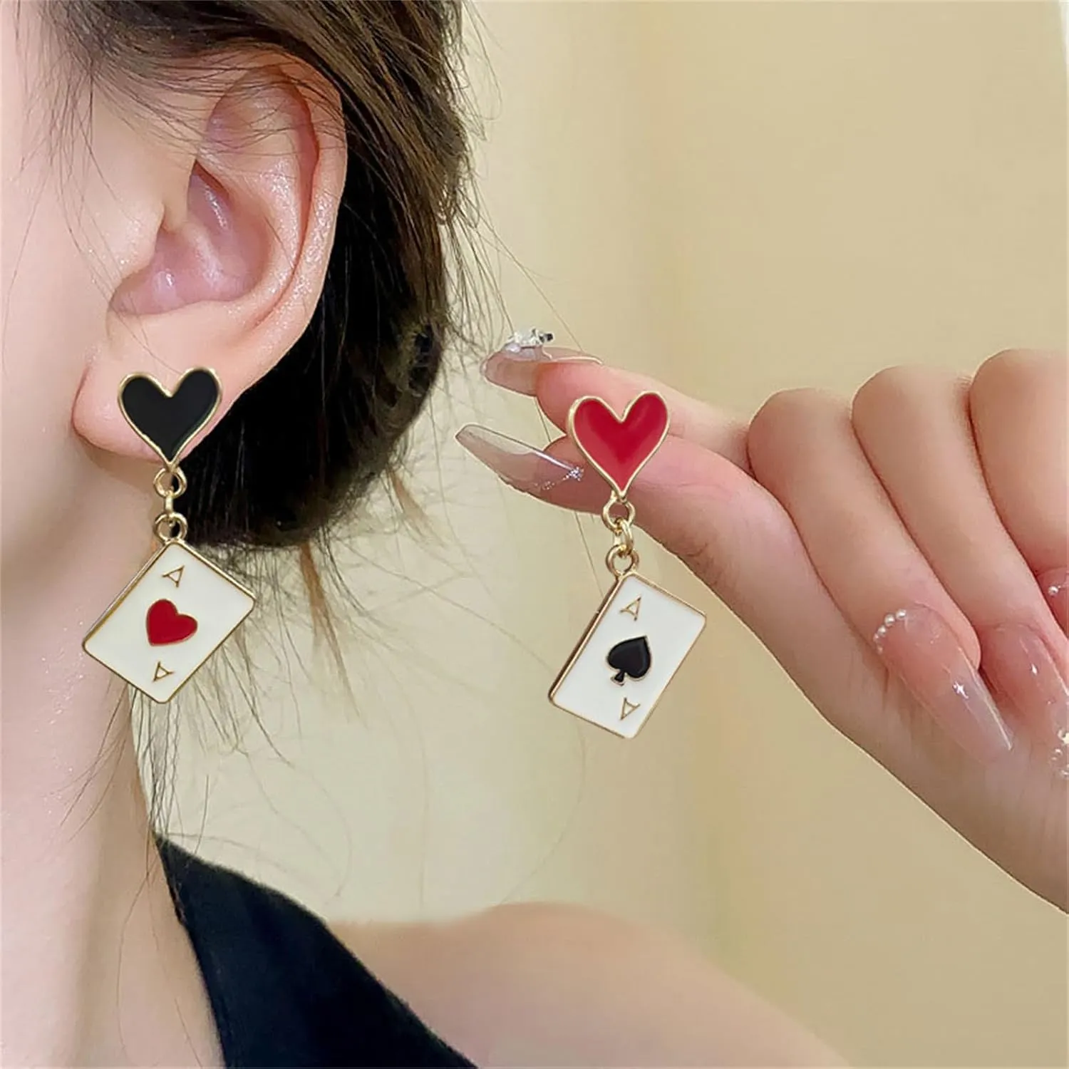 Red Heart Playing Card Necklacs Earrings Set for Women Personalized Fashion Black Velvet Hearts Pendant Necklace Good Luck Ace of Spade Earring Casino Charm Jewelry