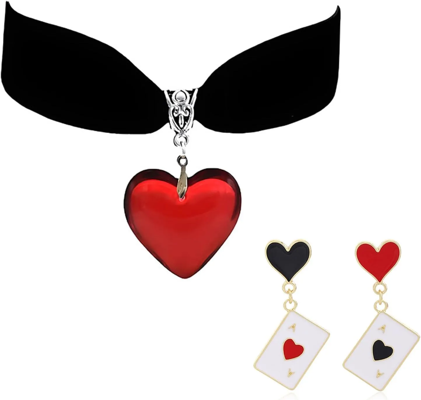 Red Heart Playing Card Necklacs Earrings Set for Women Personalized Fashion Black Velvet Hearts Pendant Necklace Good Luck Ace of Spade Earring Casino Charm Jewelry
