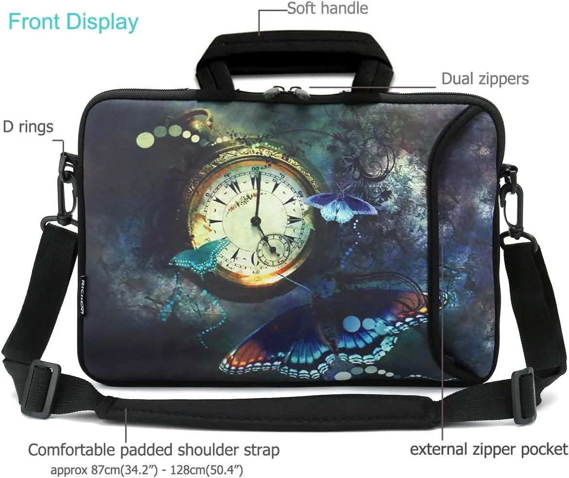 RICHEN 11 11.6 12 12.5 13 inches Chromebook/Notebook PC Messenger Bag Travel Case Neoprene Handle Sleeve with Shoulder Strap (11-13.3 inch, Clock &Butterfly)