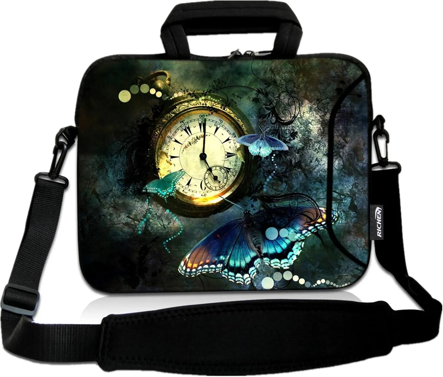 RICHEN 11 11.6 12 12.5 13 inches Chromebook/Notebook PC Messenger Bag Travel Case Neoprene Handle Sleeve with Shoulder Strap (11-13.3 inch, Clock &Butterfly)