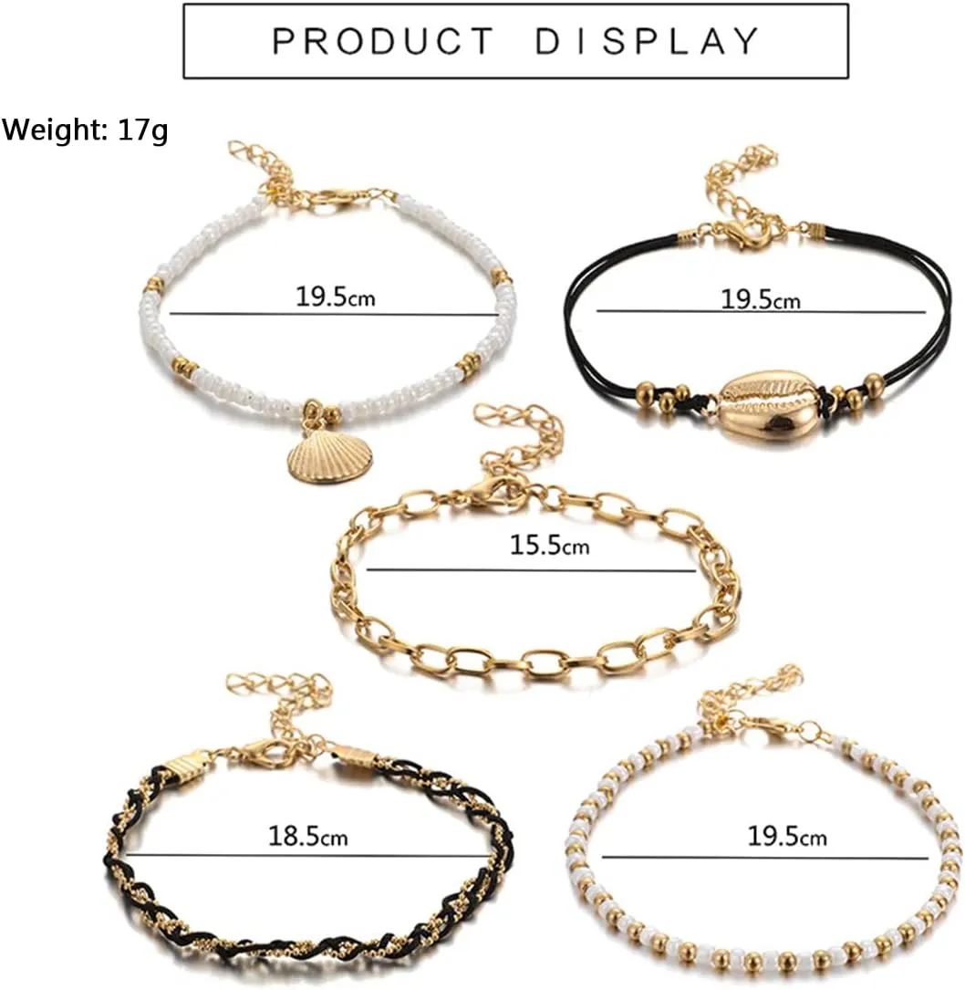 RINHOO Layered Bohemian Shell Beach Anklets Set Pearl Ankle Bracelets Gold Conch Ankle Chain Beaded Foot Chain Braided Rope Thick Foot Jewelry Fashion Sand Charm Handmade for Women