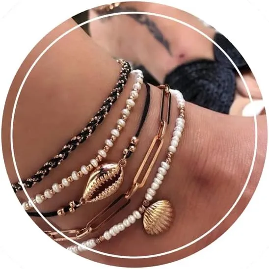 RINHOO Layered Bohemian Shell Beach Anklets Set Pearl Ankle Bracelets Gold Conch Ankle Chain Beaded Foot Chain Braided Rope Thick Foot Jewelry Fashion Sand Charm Handmade for Women