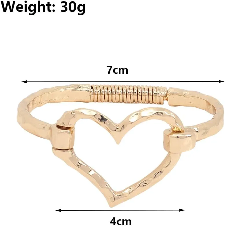 Rrdaily Chunky Hammered Heart Bangle Bracelet for Women Irregular Gold Plated Geometric Wide Thick Love Bracelet Minimalist Silver Statement Jewelry Gifts