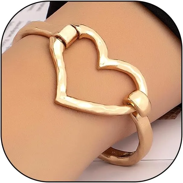 Rrdaily Chunky Hammered Heart Bangle Bracelet for Women Irregular Gold Plated Geometric Wide Thick Love Bracelet Minimalist Silver Statement Jewelry Gifts