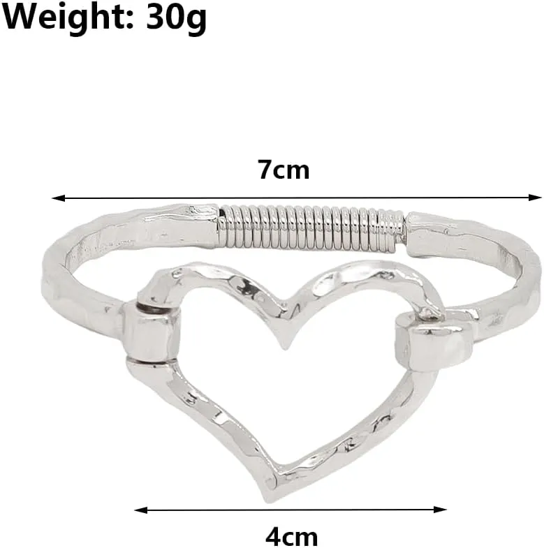 Rrdaily Chunky Hammered Heart Bangle Bracelet for Women Irregular Gold Plated Geometric Wide Thick Love Bracelet Minimalist Silver Statement Jewelry Gifts
