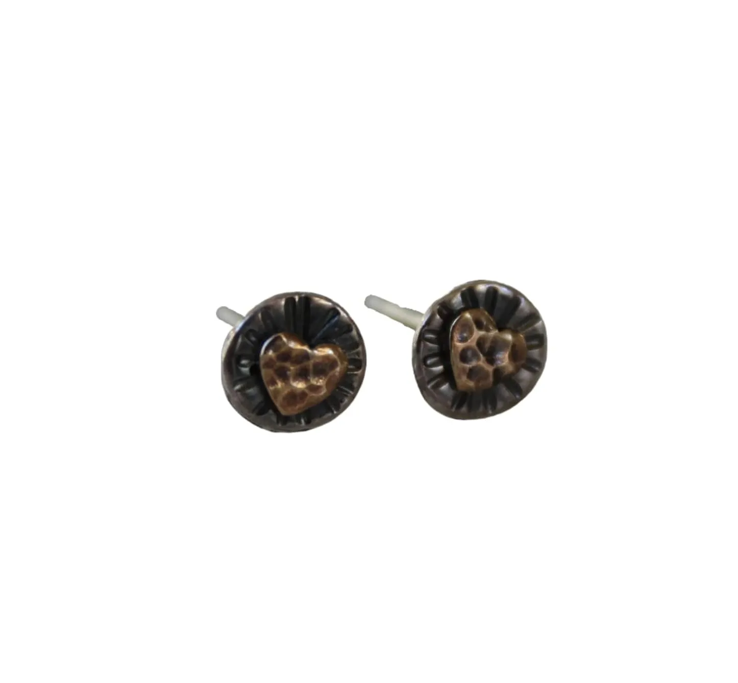 Rustic Western Inspired Stud Earrings, Mixed Copper, Silver, Brass, Handmade in Colorado, 6mm Round Studs with Hearts, Anniversary Gift (Brass Hearts)
