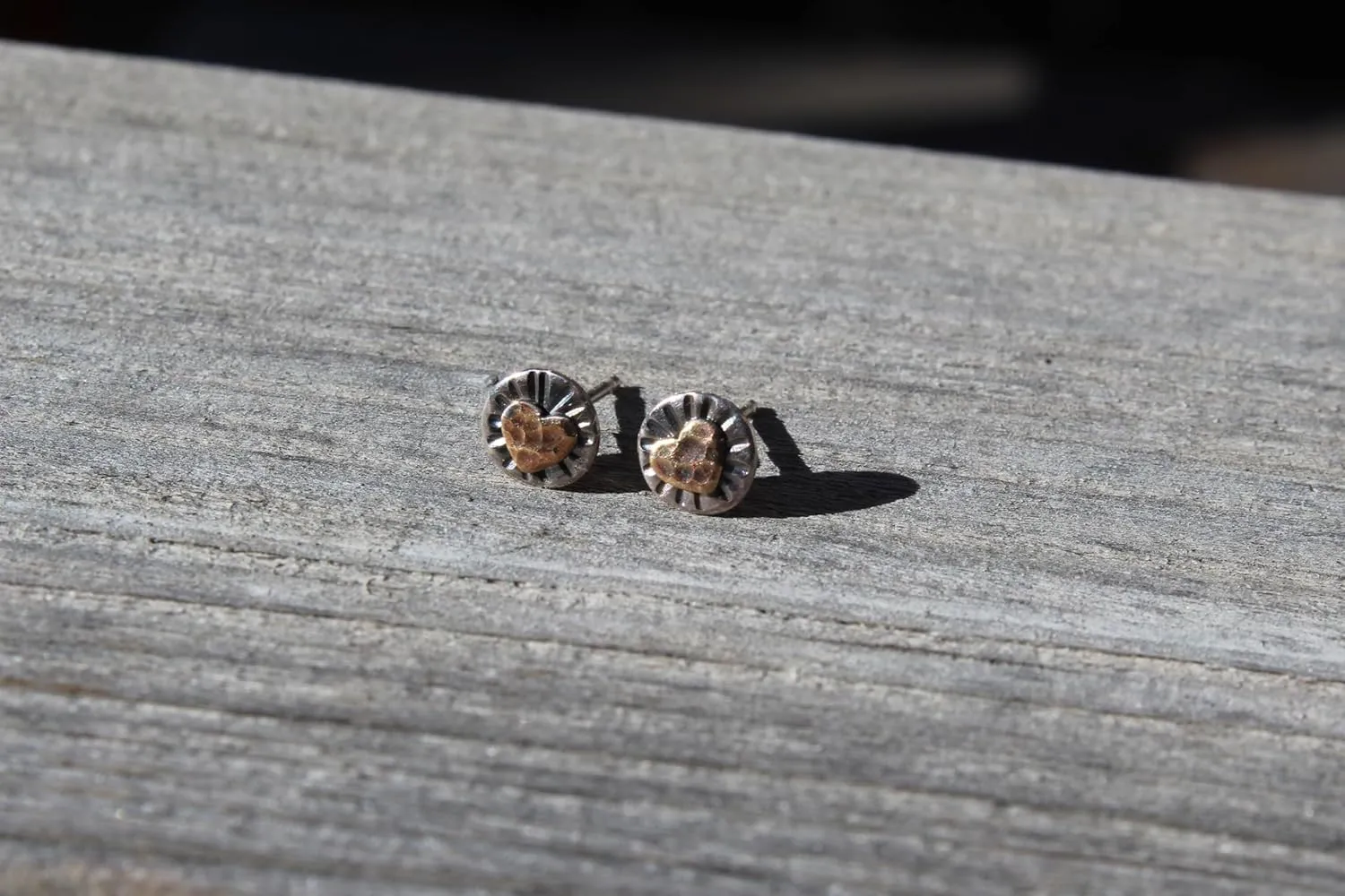 Rustic Western Inspired Stud Earrings, Mixed Copper, Silver, Brass, Handmade in Colorado, 6mm Round Studs with Hearts, Anniversary Gift (Brass Hearts)