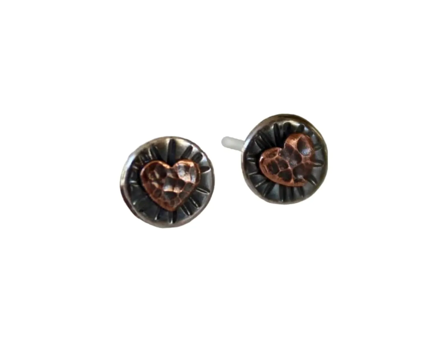 Rustic Western Inspired Stud Earrings, Mixed Copper, Silver, Brass, Handmade in Colorado, 6mm Round Studs with Hearts, Anniversary Gift (Copper Hearts)