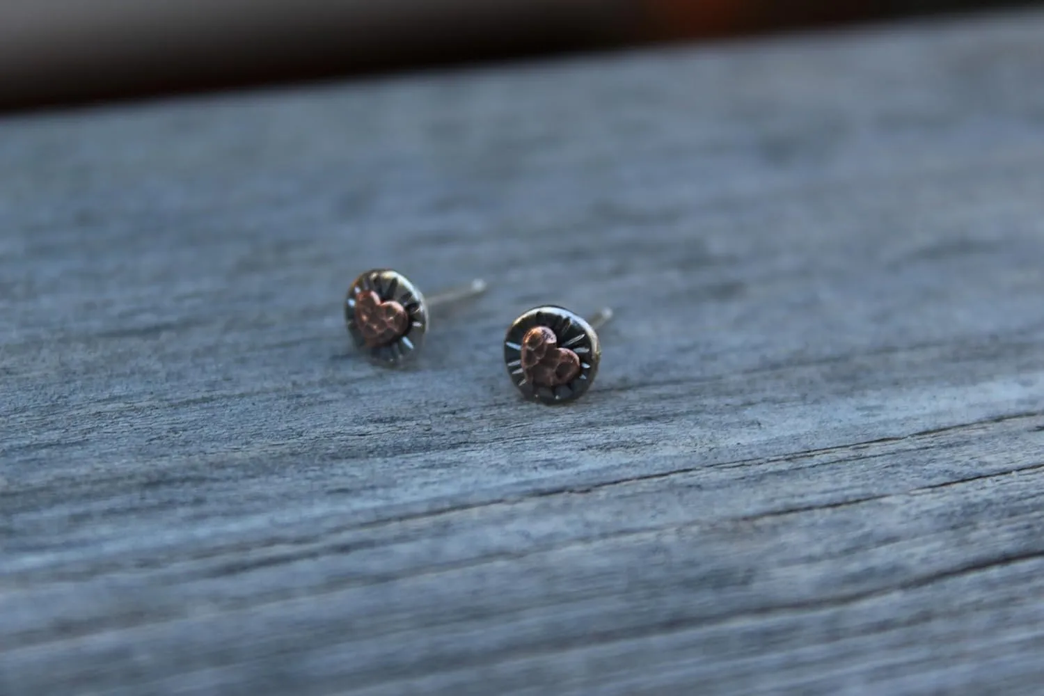 Rustic Western Inspired Stud Earrings, Mixed Copper, Silver, Brass, Handmade in Colorado, 6mm Round Studs with Hearts, Anniversary Gift (Copper Hearts)