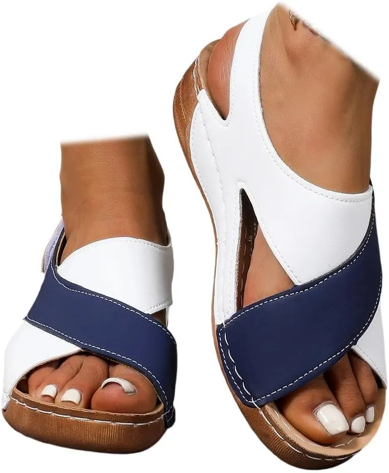 SACFOF Womens Orthopedic Sandals Summer Color Block Arch Support Shoes Casual Ankle Strap Slingback Comfortable Dress Shoes