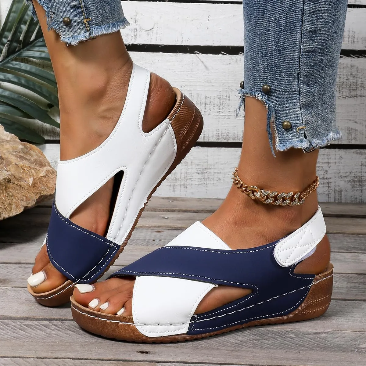 SACFOF Womens Orthopedic Sandals Summer Color Block Arch Support Shoes Casual Ankle Strap Slingback Comfortable Dress Shoes