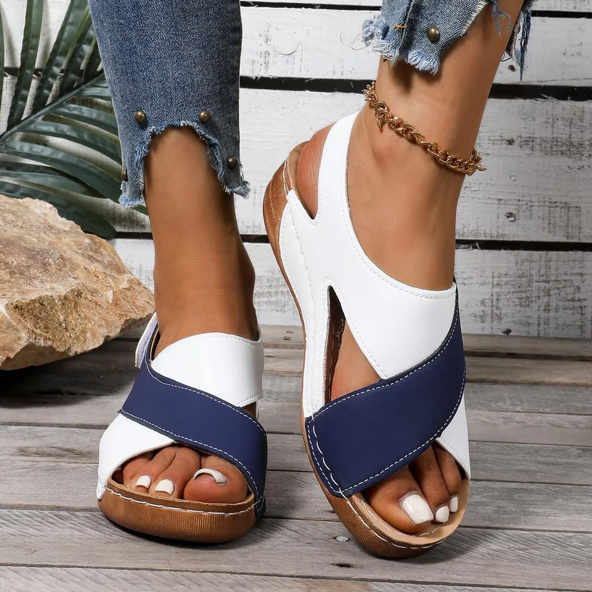 SACFOF Womens Orthopedic Sandals Summer Color Block Arch Support Shoes Casual Ankle Strap Slingback Comfortable Dress Shoes