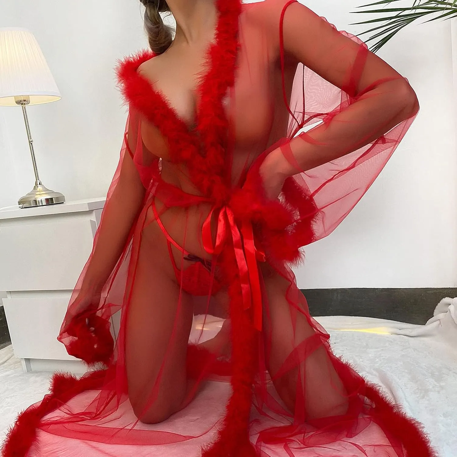 Sexy Tulle Feather Robes for Women Sheer Mesh Fur Illusion Nightgown Bridal Lingerie Bathrobe Photoshoot Dress