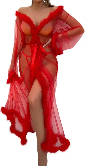 Sexy Tulle Feather Robes for Women Sheer Mesh Fur Illusion Nightgown Bridal Lingerie Bathrobe Photoshoot Dress