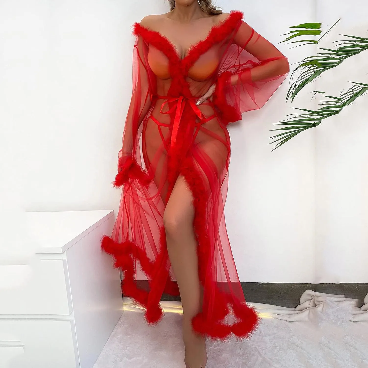 Sexy Tulle Feather Robes for Women Sheer Mesh Fur Illusion Nightgown Bridal Lingerie Bathrobe Photoshoot Dress
