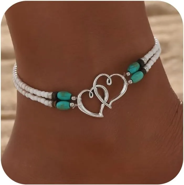 Shell Ankle Bracelet Set for Women, Gold Boho Bead Adjustable Anklet, Hawaiian Beach Seashell Pearl Heart Starfish Conch Foot Jewelry Gifts