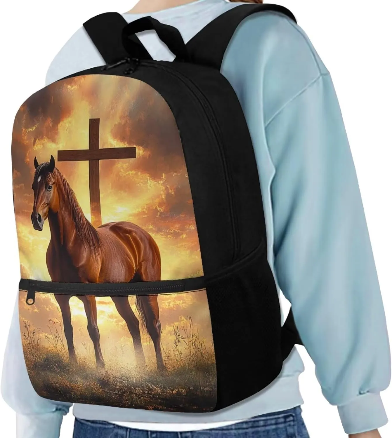 Showudesigns Cross Horse School Bags for Boys 10-12 12-14 Kids Backpack Middle High School Book Bag with Water Bottle Holder Students Schoolbag Back to School Daypack Satchel