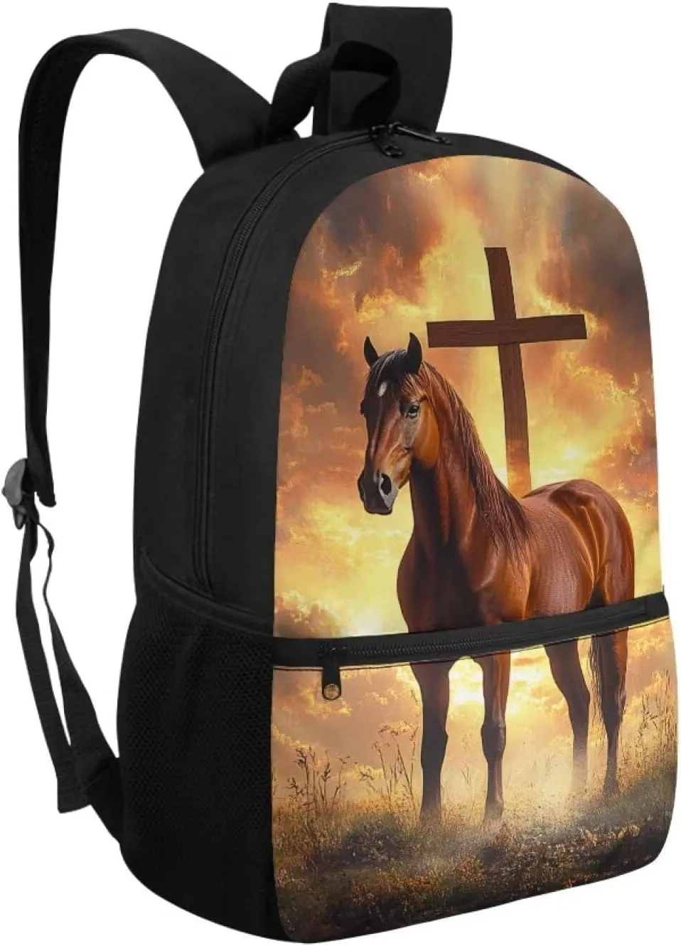 Showudesigns Cross Horse School Bags for Boys 10-12 12-14 Kids Backpack Middle High School Book Bag with Water Bottle Holder Students Schoolbag Back to School Daypack Satchel