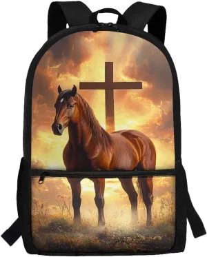 Showudesigns Cross Horse School Bags for Boys 10-12 12-14 Kids Backpack Middle High School Book Bag with Water Bottle Holder Students Schoolbag Back to School Daypack Satchel