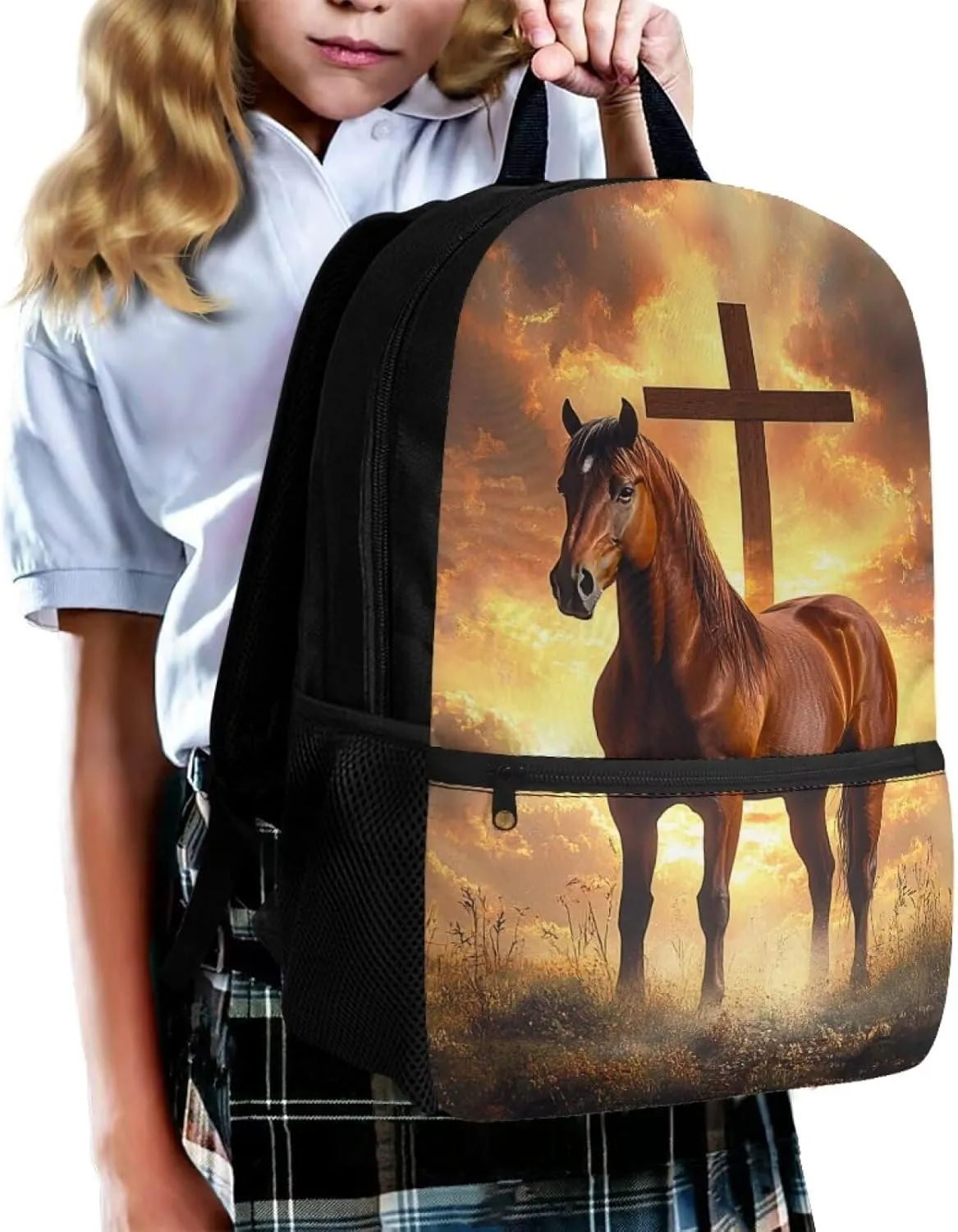 Showudesigns Cross Horse School Bags for Boys 10-12 12-14 Kids Backpack Middle High School Book Bag with Water Bottle Holder Students Schoolbag Back to School Daypack Satchel