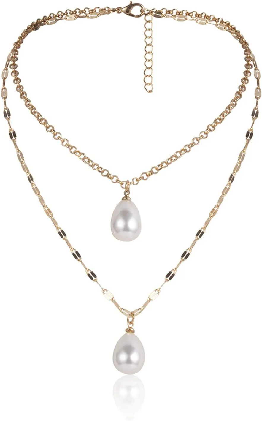 Silver Jewelry Necklace, Layered Chain Pearl Water Drop Pearl Shape Graduation Gift for Women
