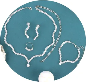 Silver Jewelry Set Rhinestone Necklace Bracelet Earrings Open Ring Set Bridal Prom Jewelry Set for Women