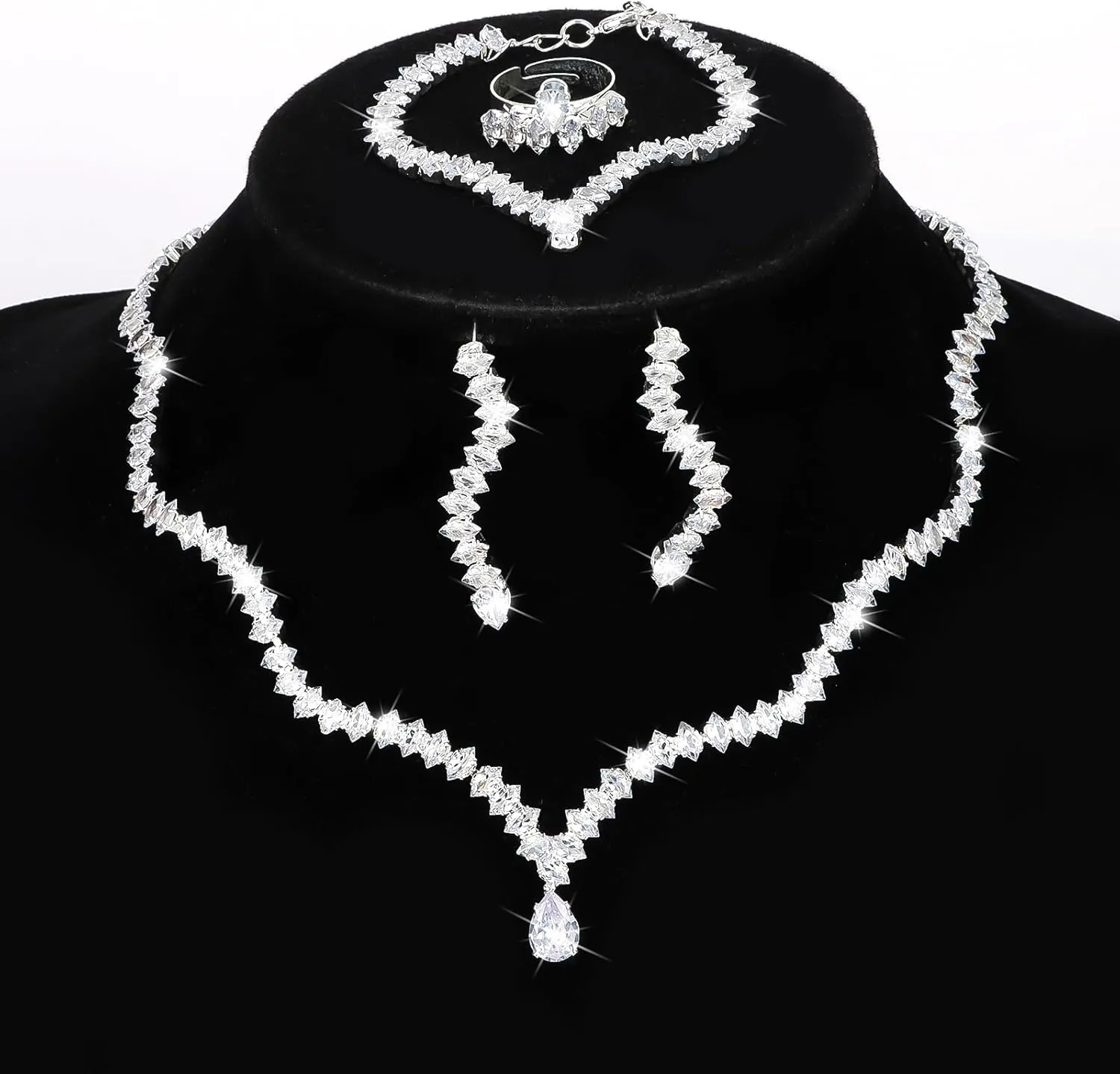 Silver Jewelry Set Rhinestone Necklace Bracelet Earrings Open Ring Set Bridal Prom Jewelry Set for Women