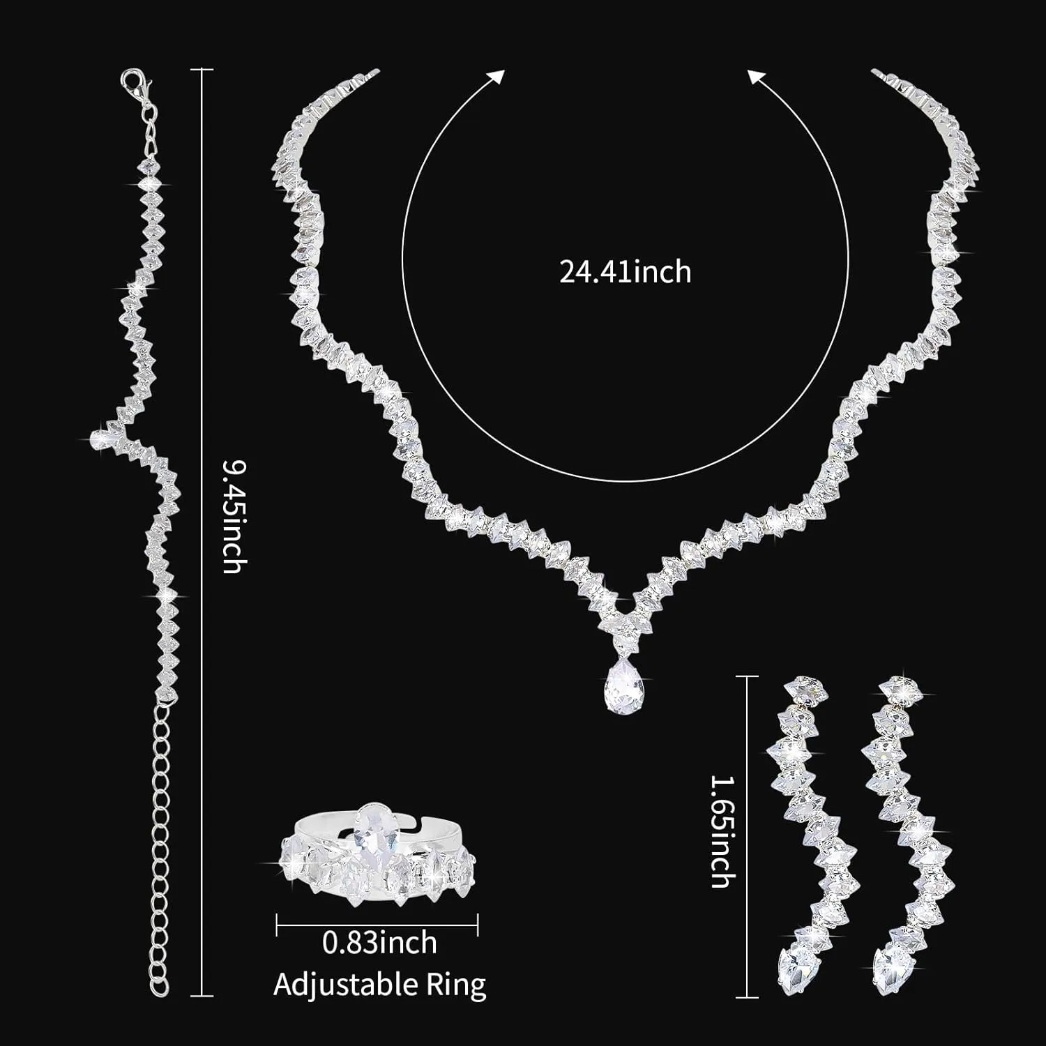 Silver Jewelry Set Rhinestone Necklace Bracelet Earrings Open Ring Set Bridal Prom Jewelry Set for Women
