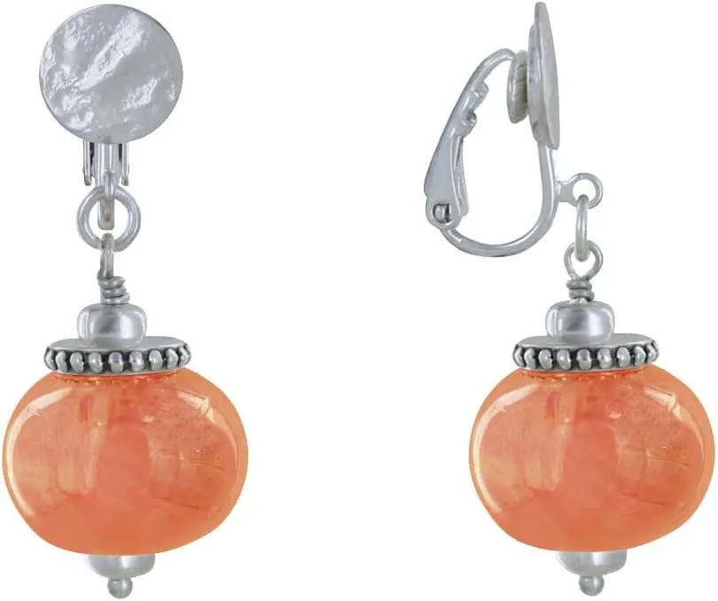 Silver Metal Clip Earrings and Large Ceramic Beads