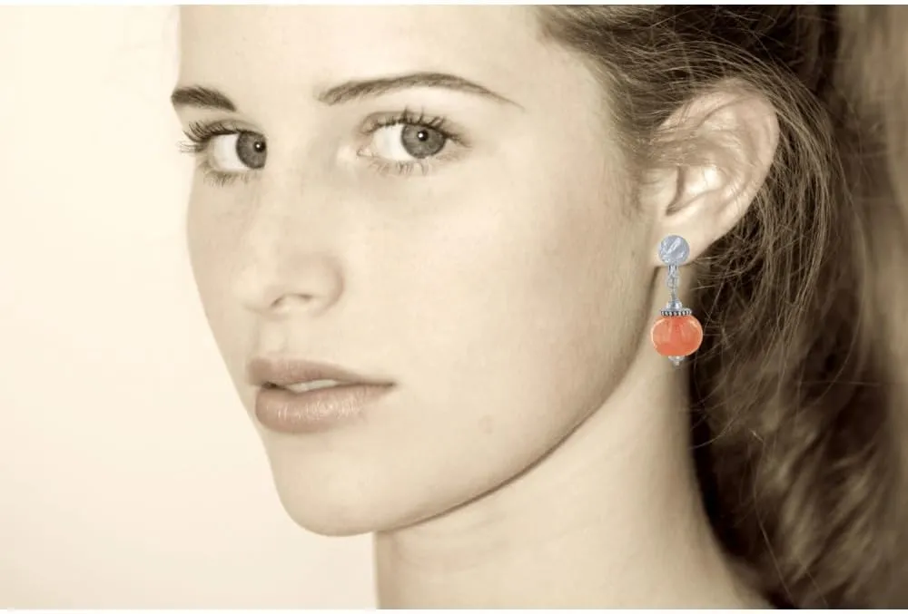 Silver Metal Clip Earrings and Large Ceramic Beads