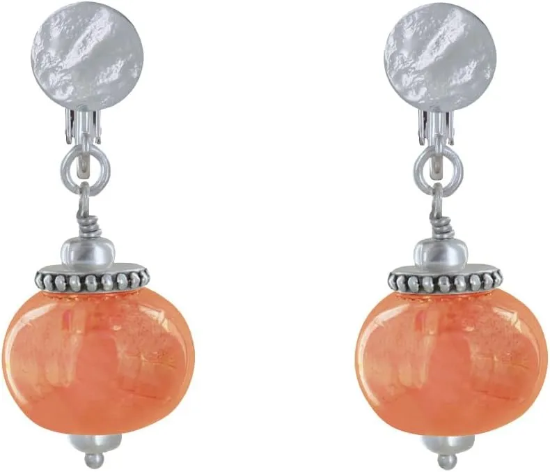 Silver Metal Clip Earrings and Large Ceramic Beads