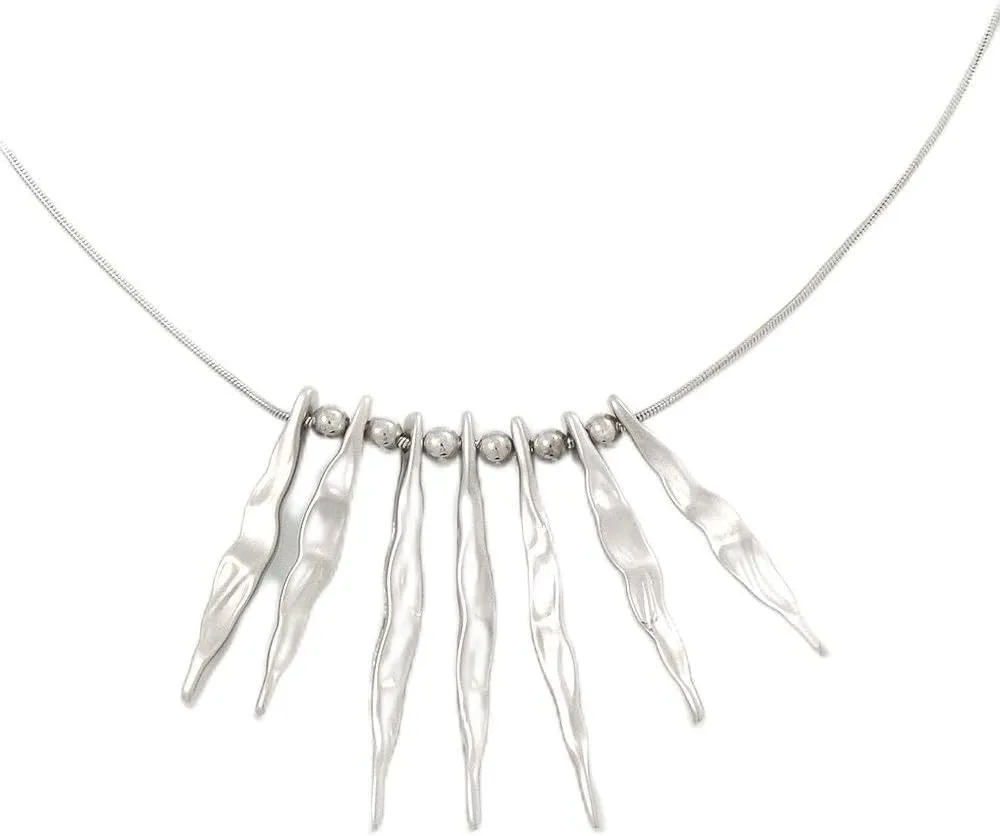 Silver Plated Hammered Bars/Beads Necklace - 38cm Length/ 8cm Extension