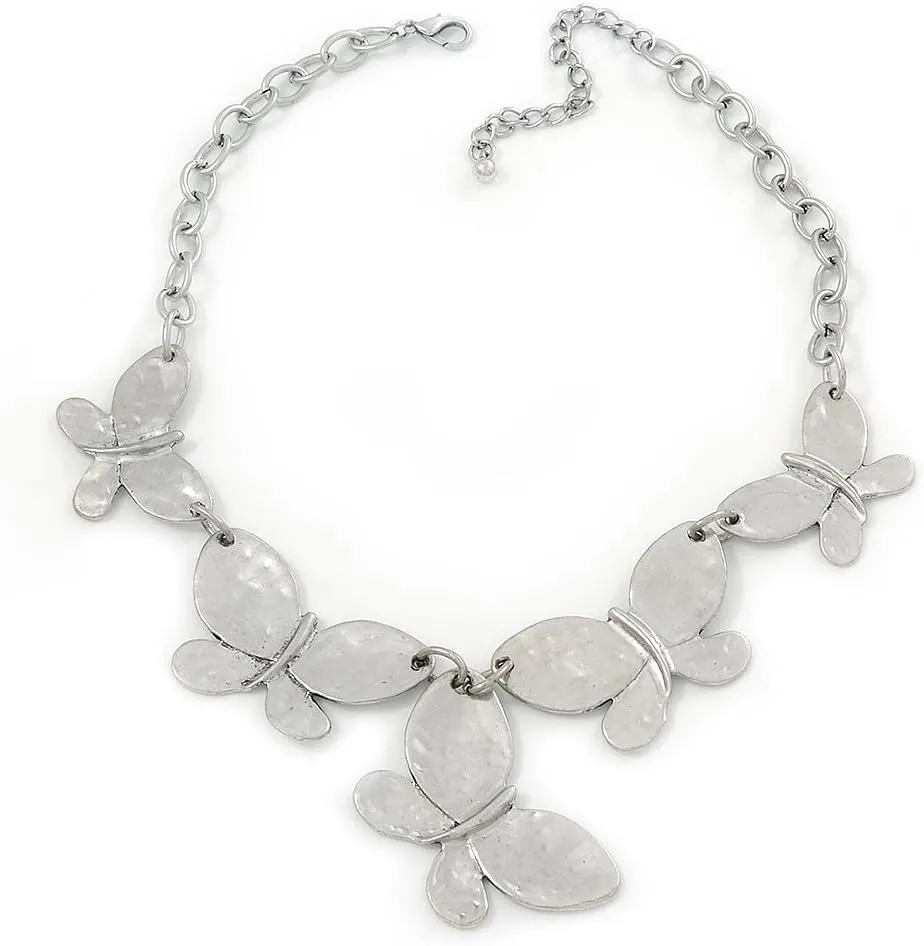 Silver Plated Hammered Butterfly Necklace - 44cm Length/ 6cm Extender