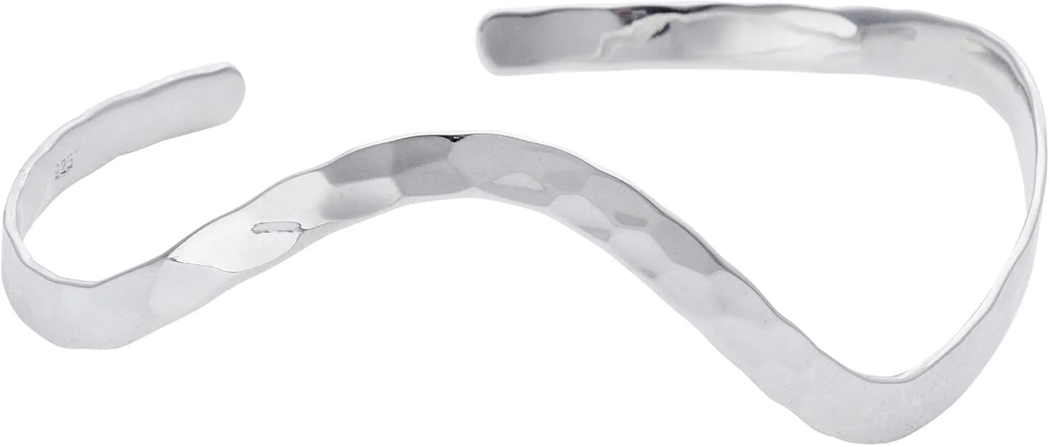 Silverly Hammered Sterling Silver Bangles for Women Solid 925 - Adjustable Silver Bracelet - Curved Wavy Cuff Bracelets - Contemporary Jewellery - Adjustable Silver Bangle for Ladies