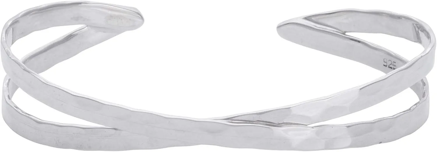 Silverly Women's 925 Sterling Silver Hammered Double Band Cross Over "X" Bangle Adjustable Bracelet